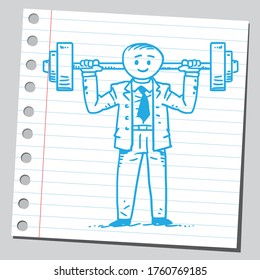 Businessman exercising holding big dumbbell. Healthy lifestyle concept.