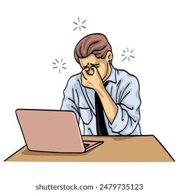 Businessman Exhausted Dizzy Man Working on Laptop Vector Illustration