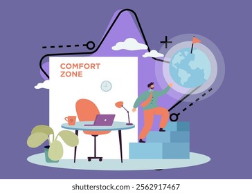 Businessman exiting from comfort zone. Man making life or work change and finding way out of comfort zone flat vector illustration. Motivation and inspiration, success and achievements concept