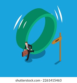 Businessman exiting rat race running 3d isometric vector illustration concept for banner, website, landing page, ads, flyer template