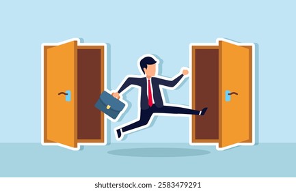 A businessman exits one door and intends to enter another, illustration of switching to another business field