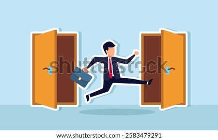 A businessman exits one door and intends to enter another, illustration of switching to another business field
