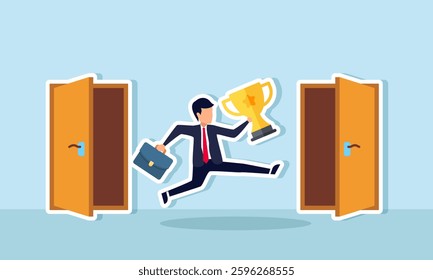 Businessman exits one door and plans to enter another while carrying a trophy, illustration of switching business or career with excellent and winning qualities