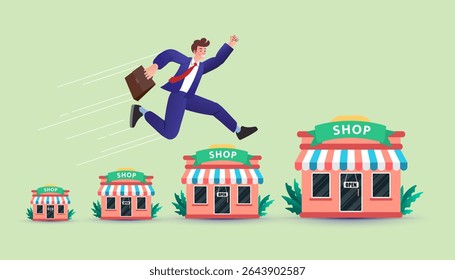 Businessman expand store for growth business franchising. marketing to improve retail store and achieve success. businessman jumping on bigger franchise shop. Profit with Franchising Business. vector