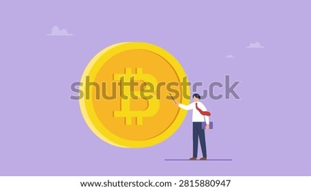 Businessman expert explain blockchain technology on golden Bitcoin coin. What is Bitcoin and blockchain technology, knowledge or crypto currency technology, blockchain class and education concept.