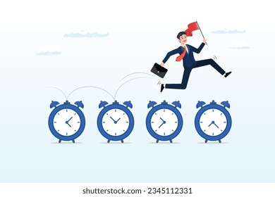 Experto en negocios salta en reloj de despertador de paso de tiempo, gestión de tiempo, postergación o productividad del trabajo, finalización del proyecto dentro de plazo, eficiencia del trabajo o planificación, proyecto de ritmo rápido (Vector)