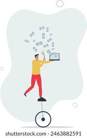 businessman expertise riding unicycle making money from computer laptop.flat vector illustration.