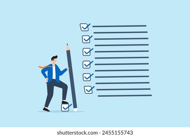 Businessman expertly holds pencil while ticking all completed tasks on checklist, illustrating getting things done. Concept of accomplishment, progress in projects, and satisfaction of achieving goals