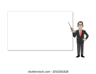 A businessman to explain and a simple whiteboard