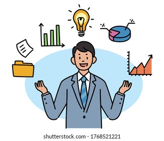 A businessman is explaining with both hands raised and icons are floating around him. hand drawn style vector design illustrations. 