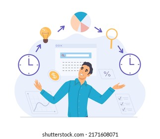 Businessman explaining with both hands raised and business icons over his head. Successful business time management. Work productivity, efficiency, business idea, project management flat vector