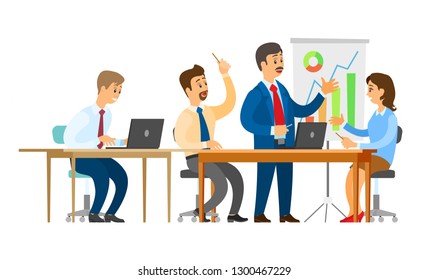 Businessman explaining business plan to workers vector. People sitting at conference listening to chief executive, technological development of company