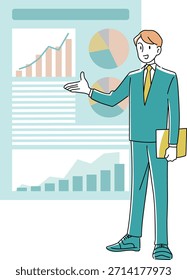 Hombre de negocios que explica gráficos y gráficos con datos de presentación