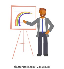 Businessman explaining charts on a white screen board . Presentation concept, seminar, training or conference. Flat design vector illustration eps 10