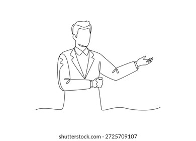 Empresario que explica el concepto con el gesto de la mano. Concepto de presentación. Diseño de dibujo de línea única. Ilustración gráfica de Vector