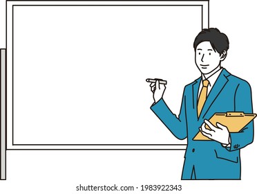 A businessman explaining on a whiteboard