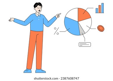 Empresario explicando las estadísticas del gráfico de tartas