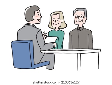 A businessman explaining to a senior couple, a comical handwritten person, a vector, a color on a line drawing