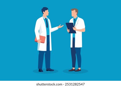 Businessman explaining to a technician in a white coat isolated flat vector illustration