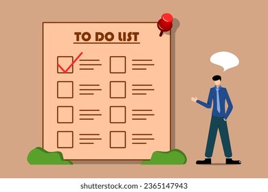 businessman explaining what is on his to-do list, to-do list board with checkboxes and checklist sign, businessman and to-do list board with checkboxes.