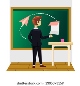 Businessman explaining and writing on chalkboard. Businessman teacher standing at room blackboard