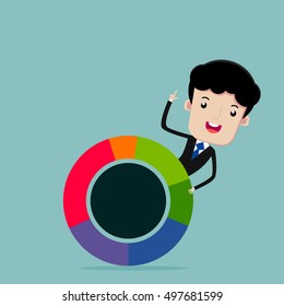 Businessman explains marketing share a circle graph, vector cartoon