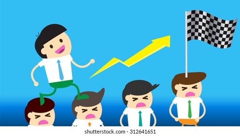 businessman exploit friend. Businessman is staircase the others can happily walk on his body to move on. Business concept. staircase human. Ladder to success. Step by step. win lose. Finish. goal.flag