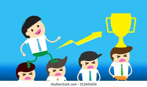 businessman exploit friend. Businessman is staircase the others can happily walk on his body to move on. Business concept. Ladder to success. Step. win lose. Finish. goal. trophy cup. number one