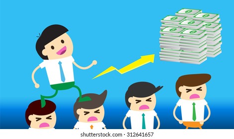 businessman exploit friend. Businessman is staircase the others can happily walk on his body to move on. Business concept. staircase human. Ladder to success. Step by step. win lose. Finish. goal.