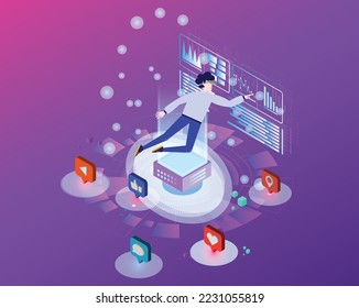 Businessman explore metaverse technology with blockchain network connecting.