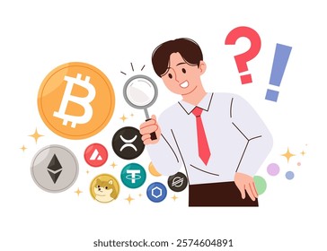 Businessman exploring various cryptocurrencies with a magnifying glass. Massive cryptocurrency market concept vector illustration.