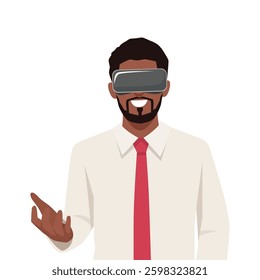 Businessman Exploring Virtual Reality. Engaging in an immersive virtual experience with enthusiasm. Flat vector illustration isolated on white background