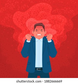 Businessman Expressing Anger. Angry Man In A Flame Of Rage. Vector Illustration In Flat Style