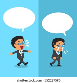 Businessman expressing different emotions with white speech bubbles