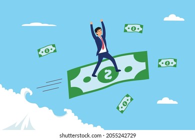 Geschäftsmann, der sich glücklich äußert, während er auf einer Banknote im blauen Himmel steht