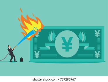 A businessman extinguishing, with a hose, a fire produced at the end of a large yen bill.