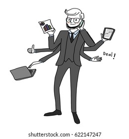 Businessman with eyeglasses and beard in suit working multitasks such as perusing stock exchange graph, handling business calls, dealing, using laptop. Vector illustration with hand-drawn style.