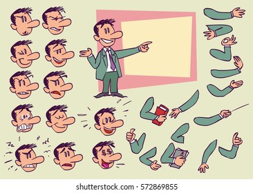 Businessman. Face and body elements, parts of body template for design work and animation. Vector illustration to Isolated and funny cartoon character.