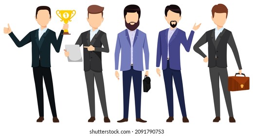 Businessman face less characters set team standing together and posing isolated on white background holding bag and tablet pc computer