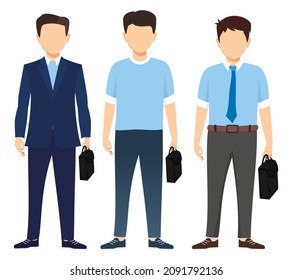 Businessman face less characters set team standing together and posing isolated on white background holding bag