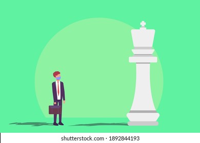 Businessman in face mask looking at white chess king. Business winner concept.