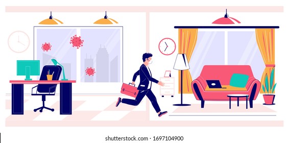 Businessman in face mask running away from office to home workplace to reduce the risk of becoming ill with corona virus, vector flat illustration. Remote work, self isolation, virus spread prevention