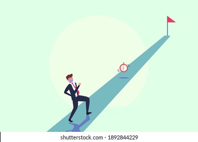 Businessman in face mask running and chasing a time. Business vector concept.