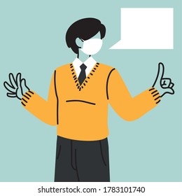 businessman with face mask and speech bubble vector illustration design