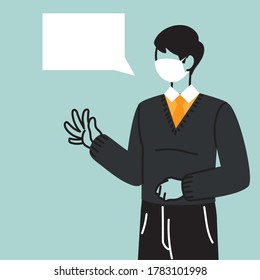 businessman with face mask and speech bubble vector illustration design