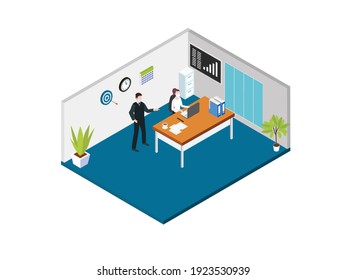 Businessman in face mask talking with female worker while working with laptop on desk in the office. Business isometric vector concept