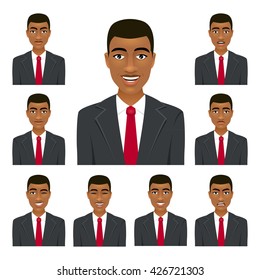 Businessman face. Nine different man expressions set. Vector cartoon avatar character on white background.