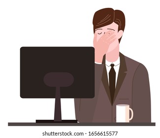 Businessman with facepalm gesture. Headache, disappointment or shame sad stressed face, worry disappointed expression office desk with computer. Cartoon style vector illustration isolated