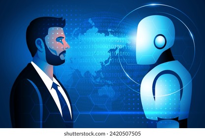 Businessman in a face-to-face encounter with a robot, captures the essence of the human-technology interface, symbolizing the dynamic relationship between artificial intelligence and human ingenuity