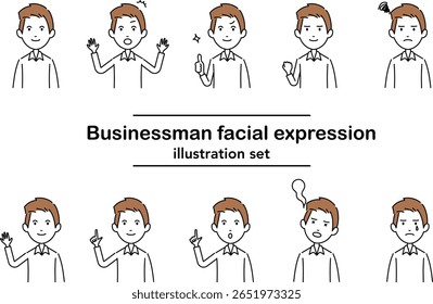 O vetor de expressão facial do homem de negócios é definido em estilo de arte de linha simples, representando emoções como alegria, raiva, confusão e ideias